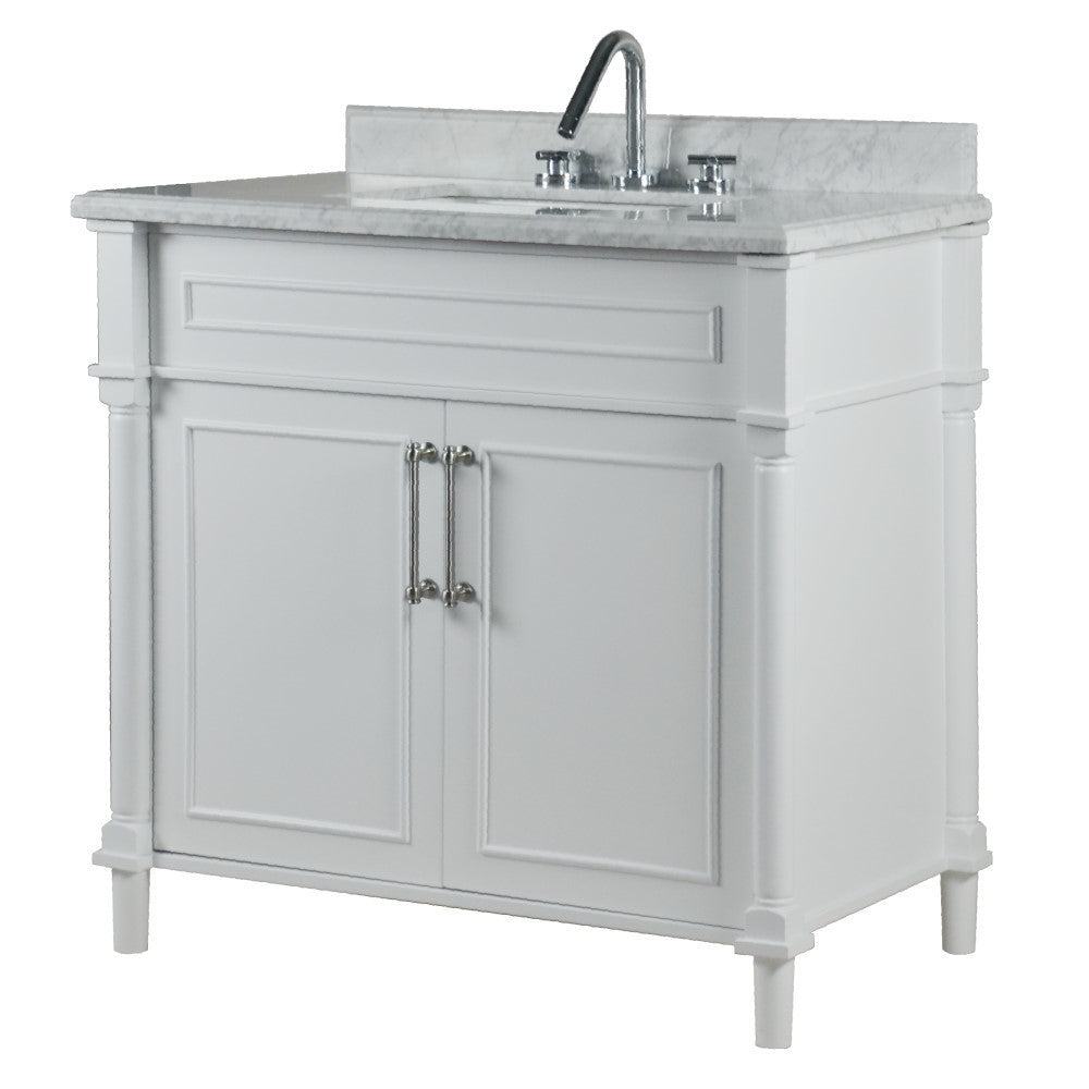 Bellaterra 800632-36BN-LG-WH 36" Single Vanity with White Carrra Marble Top - White, Front