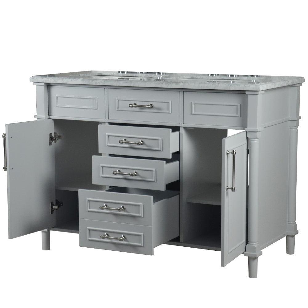 Bellaterra 48" Double Vanity with White Carrara Marble Top 800632-48DBN-LG-WH, Gray, Open
