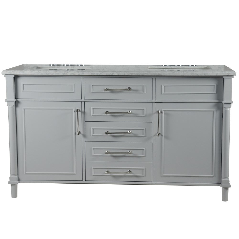 Bellaterra 60" Double Vanity with White Carrara Marble Top 800632-60DBN-LG-WH, Gray, Front