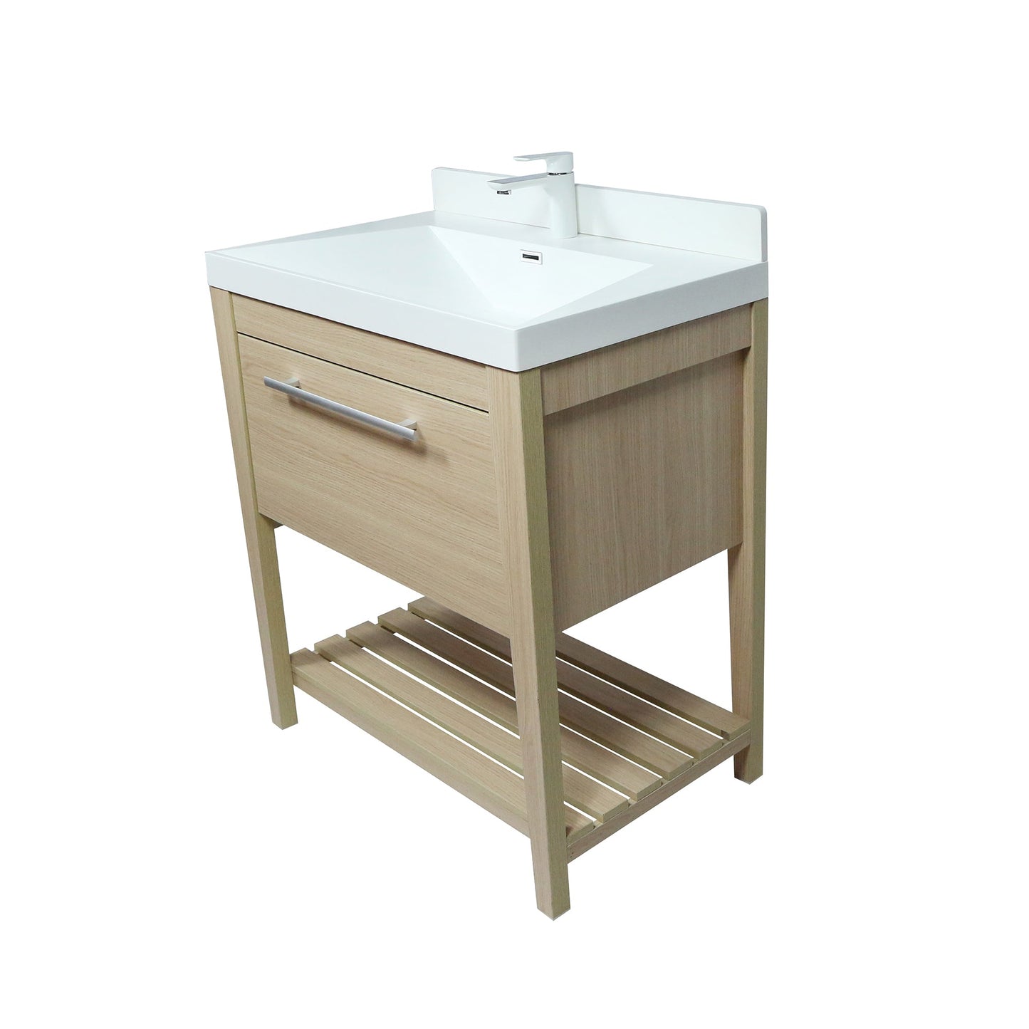 31.5" Single Sink Neutural or Light Gray finish Vanity, White Ceramic Top, lower open shelf