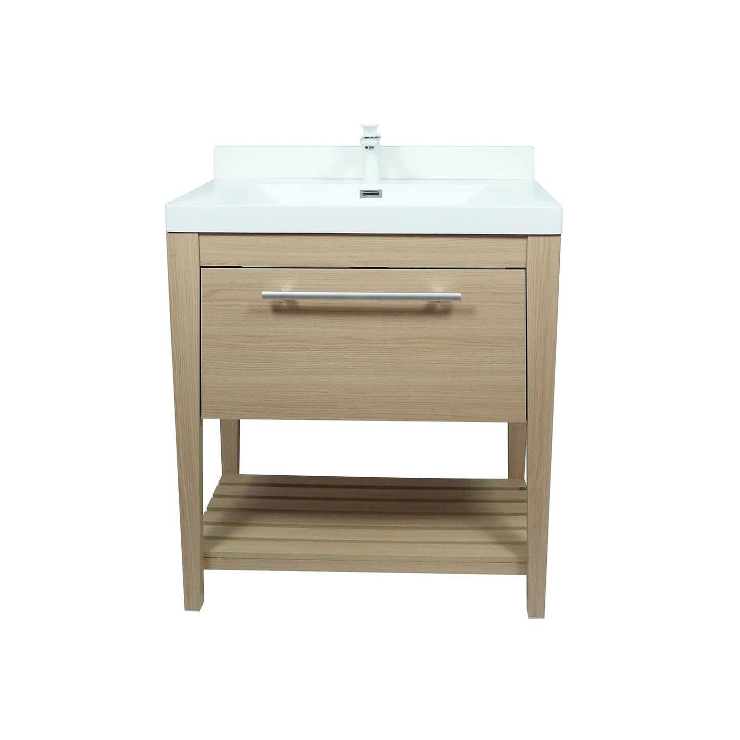 31.5" Single Sink Neutural or Light Gray finish Vanity, White Ceramic Top, lower open shelf