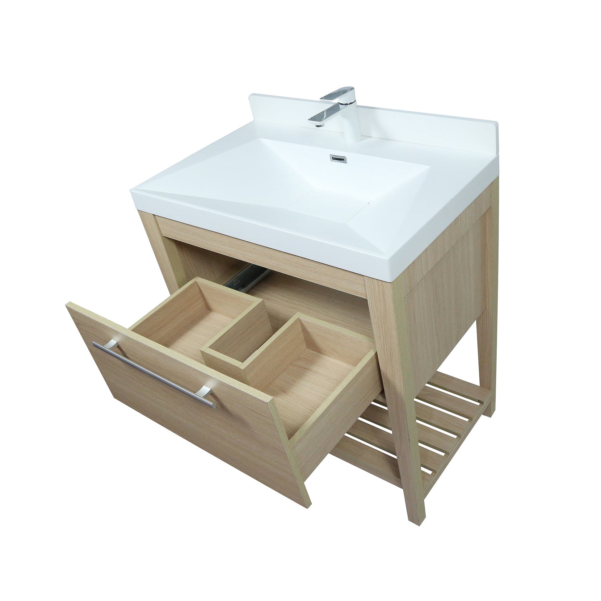 31.5" Single Sink Neutural or Light Gray finish Vanity, White Ceramic Top, lower open shelf, open