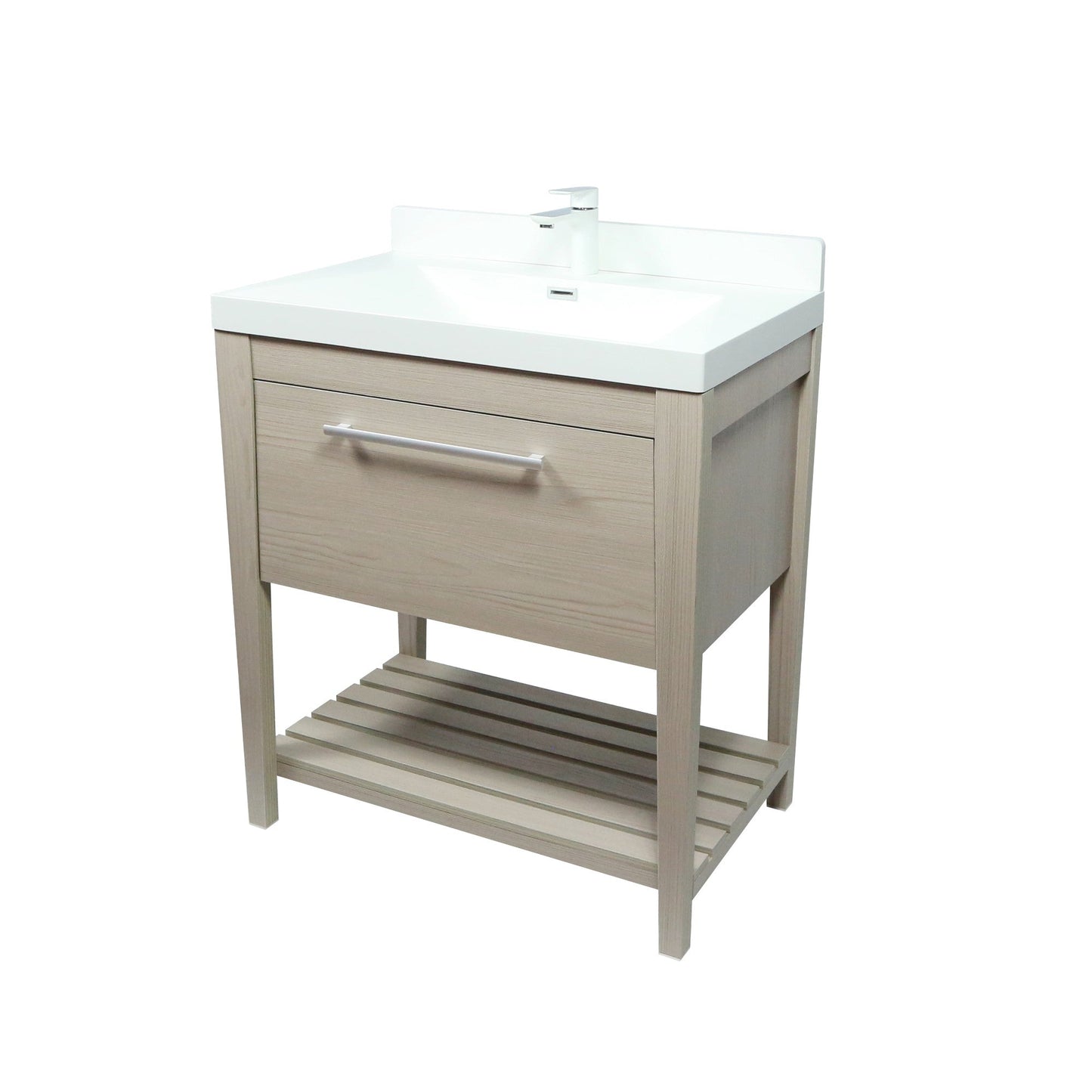 31.5" Single Sink Neutural or Light Gray finish Vanity, White Ceramic Top, lower open shelf