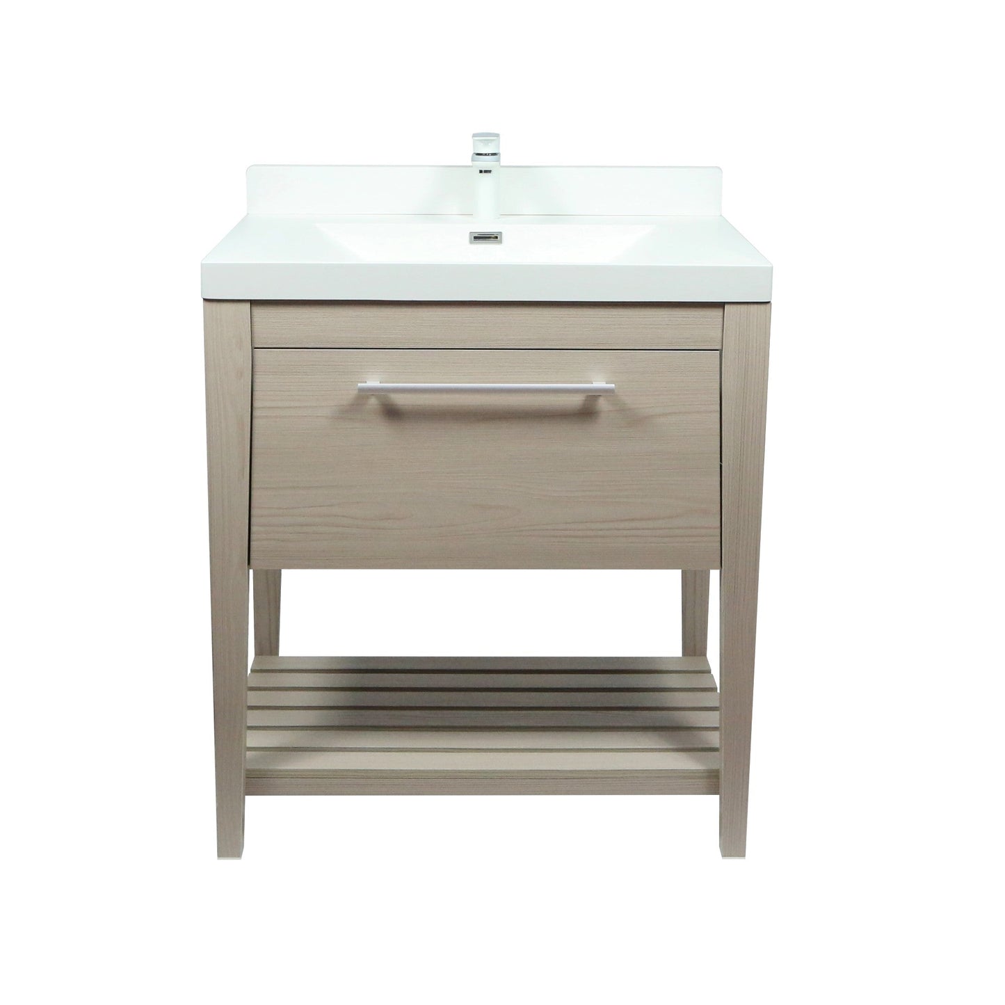 31.5" Single Sink Neutural or Light Gray finish Vanity, White Ceramic Top, lower open shelf