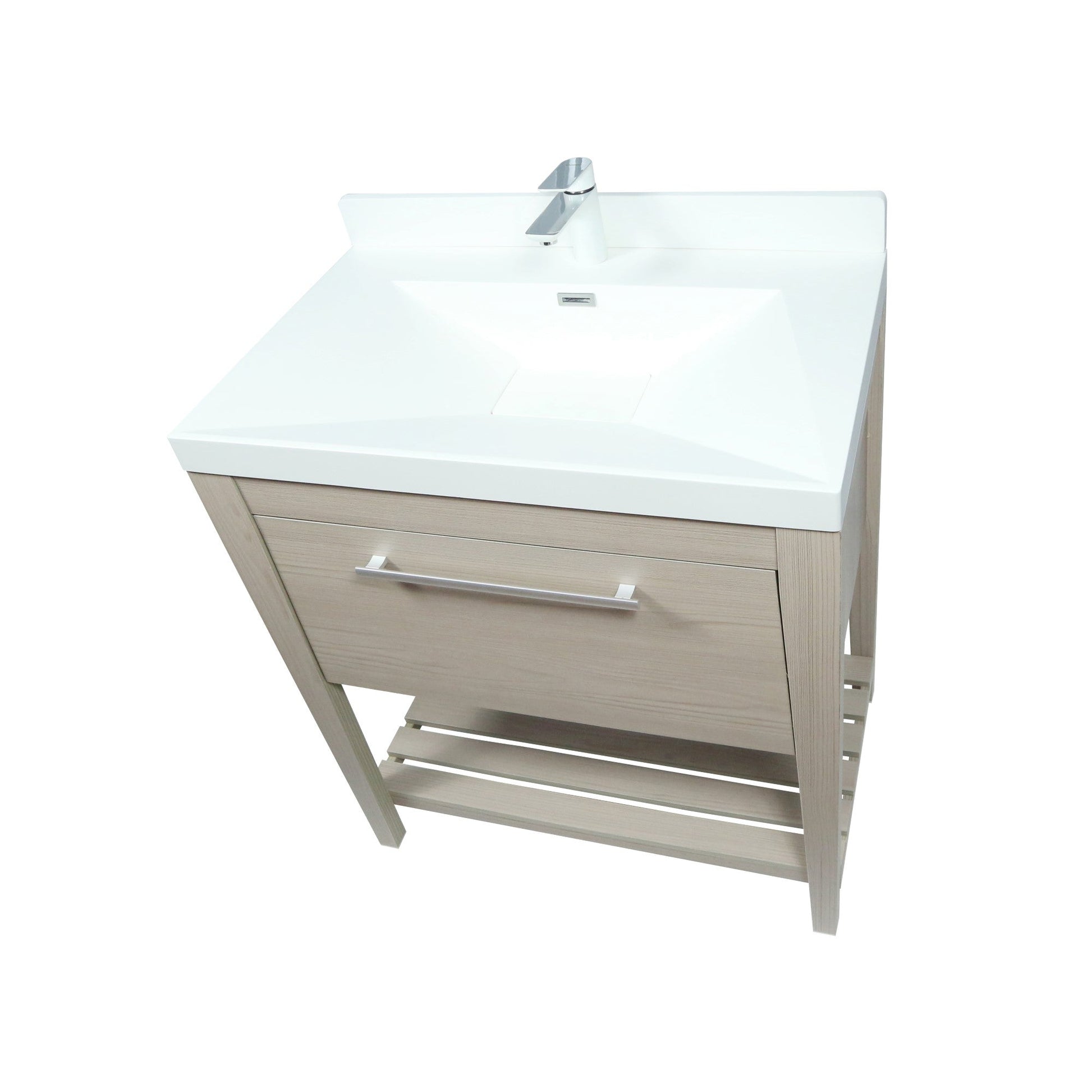 31.5" Single Sink Neutural or Light Gray finish Vanity, White Ceramic Top, lower open shelf