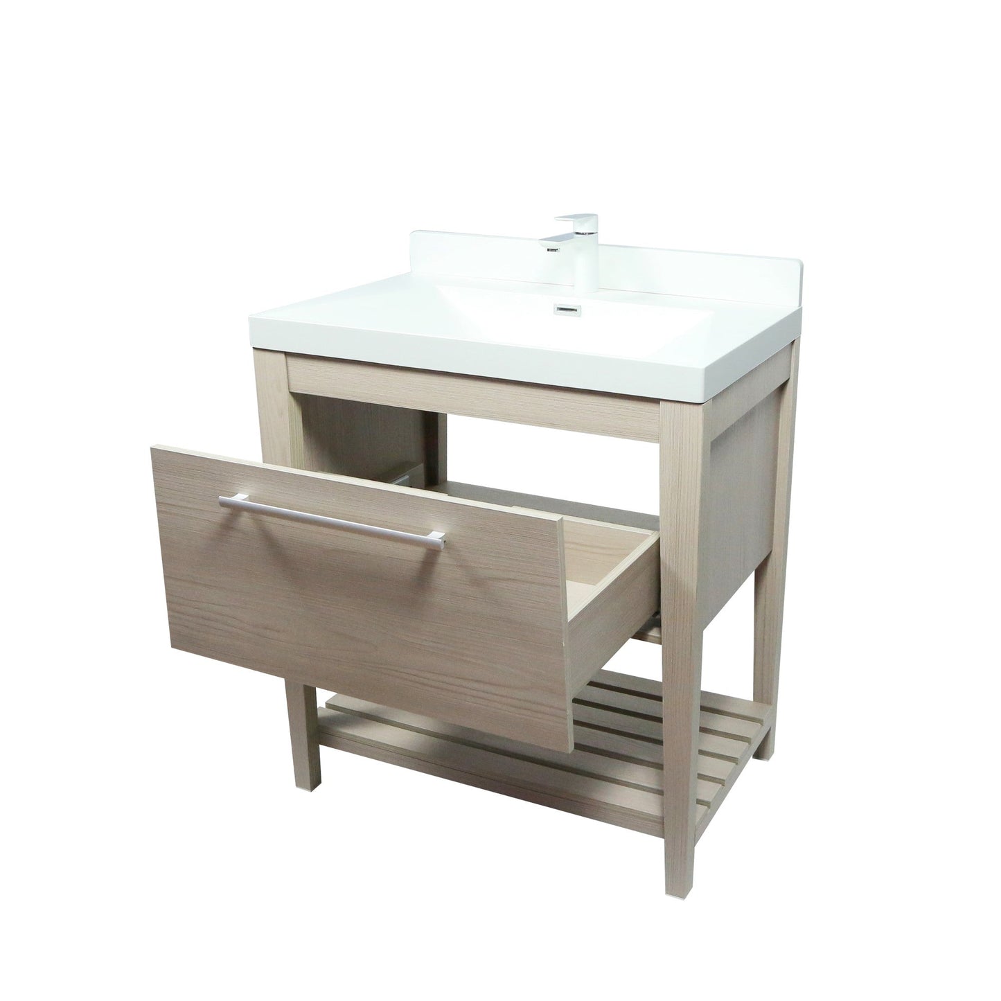 31.5" Single Sink Neutural or Light Gray finish Vanity, White Ceramic Top, lower open shelf