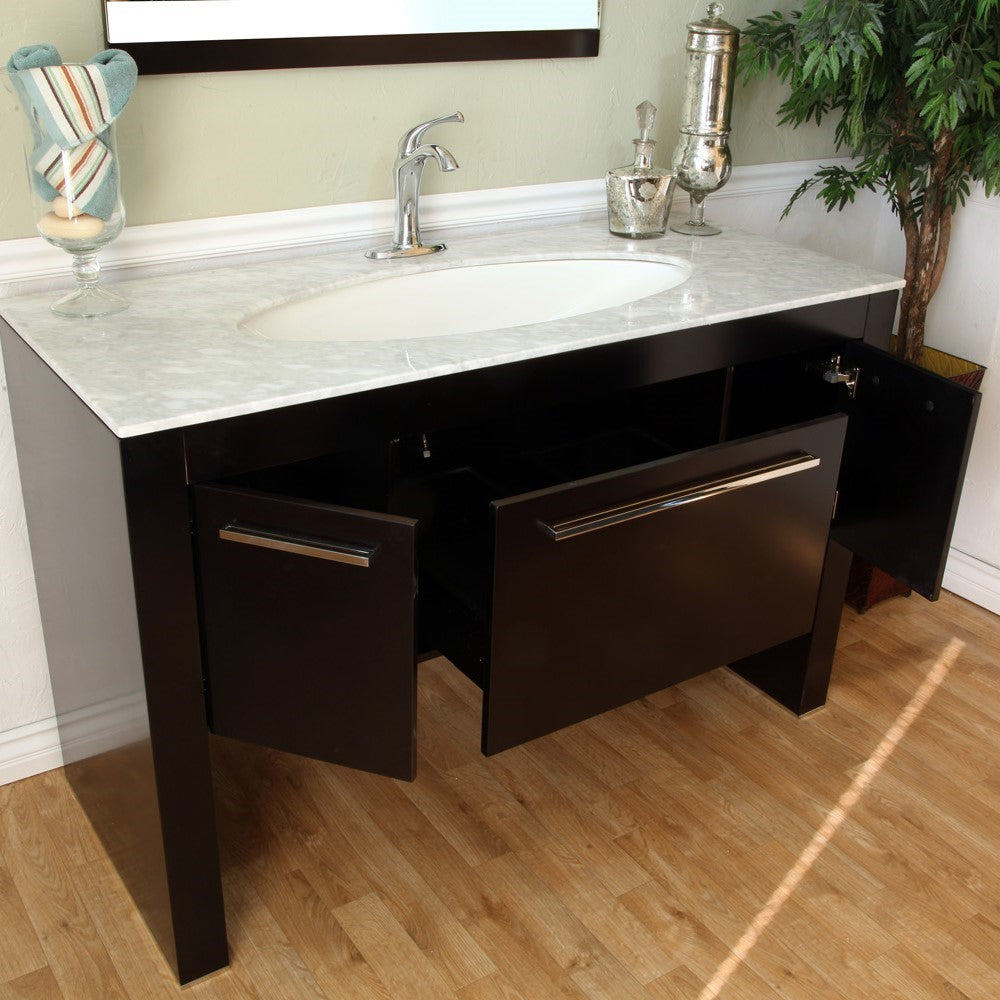 Bellaterra 55.3 in Single Sink Vanity 804380, Dark walnut / White marble / Leaf