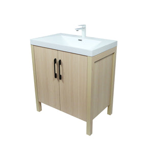 31.5" Single Sink in Neutral Wood finish Vanity with White Ceramic Top, Wrought Iron Black Hardware