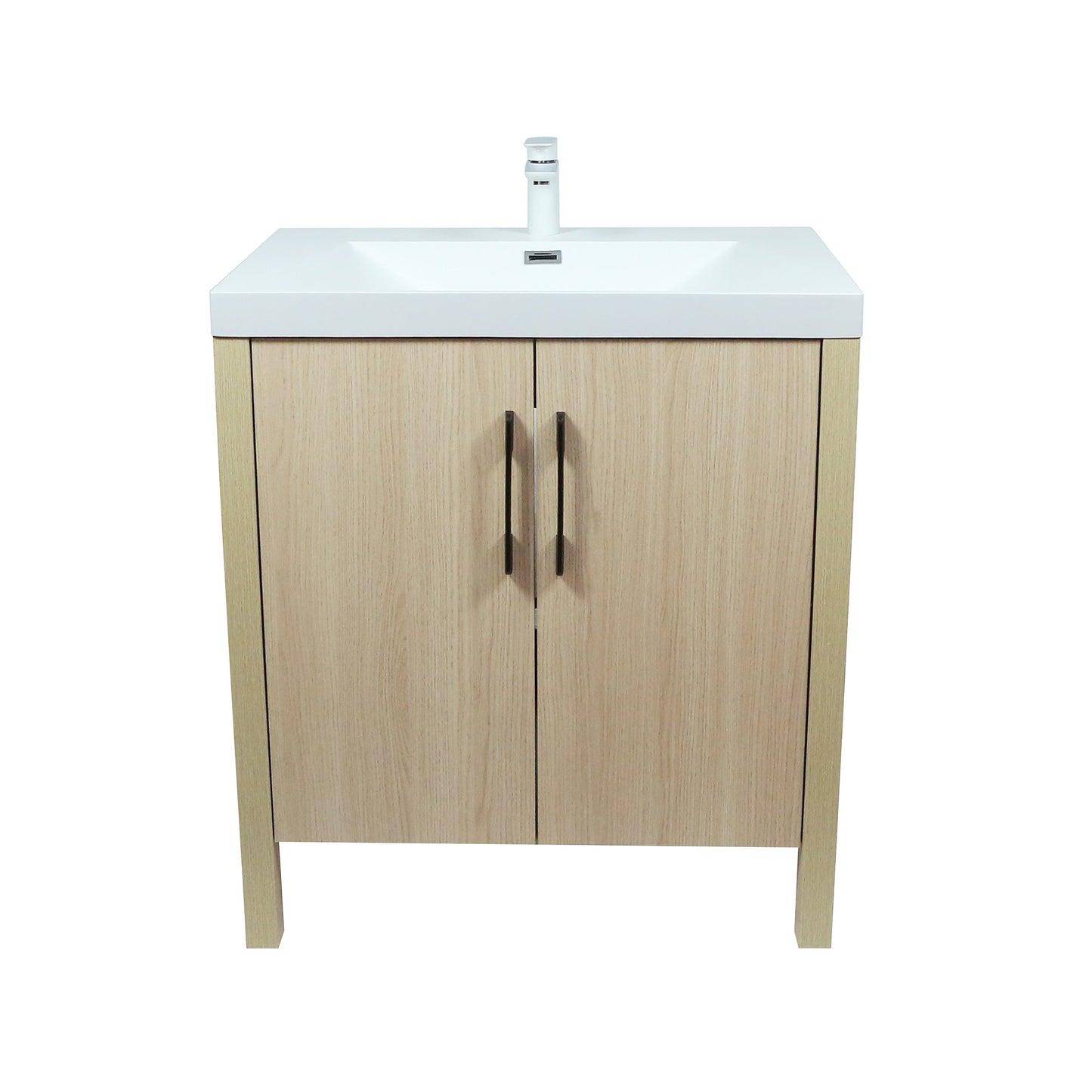 31.5" Single Sink in Neutral Wood finish Vanity with White Ceramic Top, Wrought Iron Black Hardware