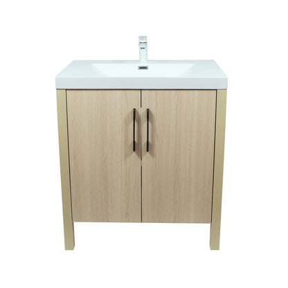 31.5" Single Sink in Neutral Wood finish Vanity with White Ceramic Top, Wrought Iron Black Hardware