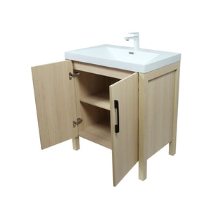31.5" Single Sink in Neutral Wood finish Vanity with White Ceramic Top, Wrought Iron Black Hardware, open