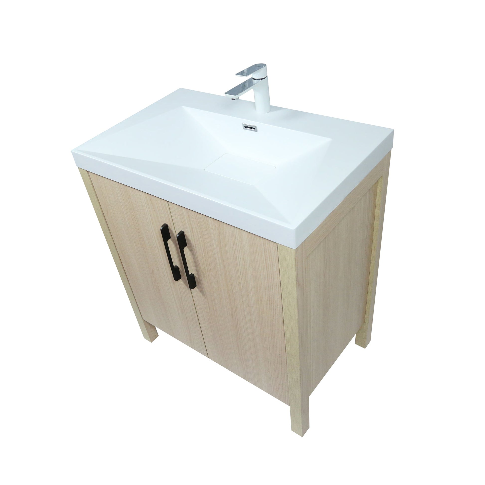 31.5" Single Sink in Neutral Wood finish Vanity with White Ceramic Top, Wrought Iron Black Hardware