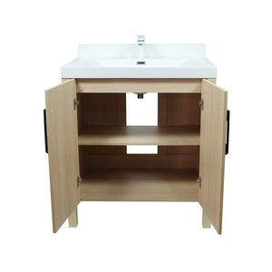 31.5" Single Sink in Neutral Wood finish Vanity with White Ceramic Top, Wrought Iron Black Hardware, open