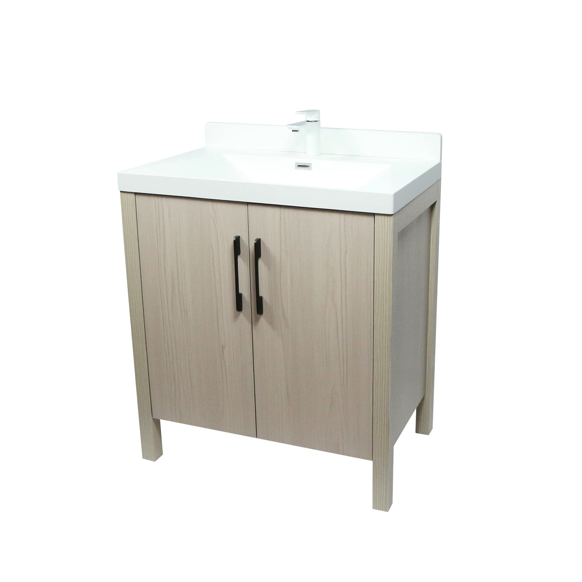 31.5" Single Sink in Neutral Wood finish Vanity with White Ceramic Top, Wrought Iron Black Hardware