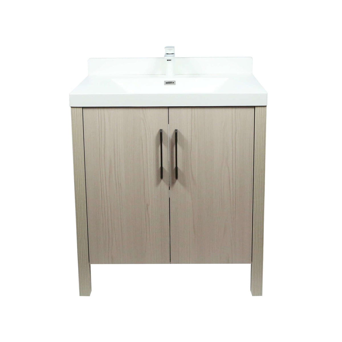 31.5" Single Sink in Neutral Wood finish Vanity with White Ceramic Top, Wrought Iron Black Hardware