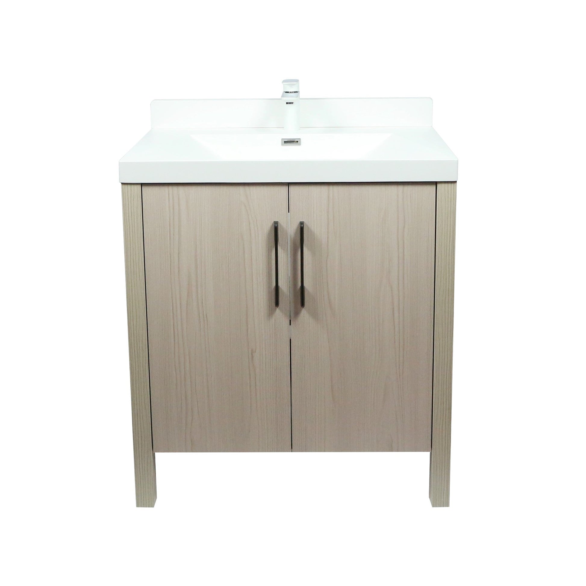 31.5" Single Sink in Neutral Wood finish Vanity with White Ceramic Top, Wrought Iron Black Hardware