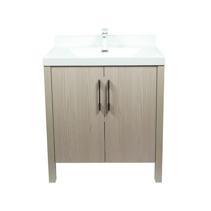 31.5" Single Sink in Neutral Wood finish Vanity with White Ceramic Top, Wrought Iron Black Hardware