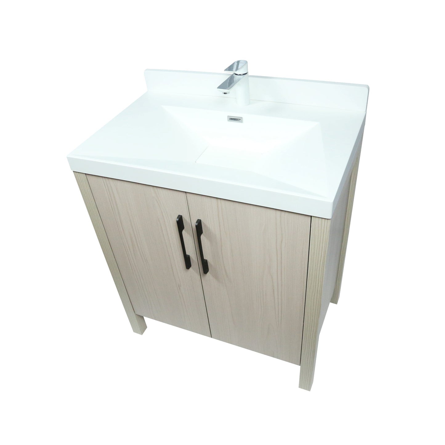 31.5" Single Sink in Neutral Wood finish Vanity with White Ceramic Top, Wrought Iron Black Hardware