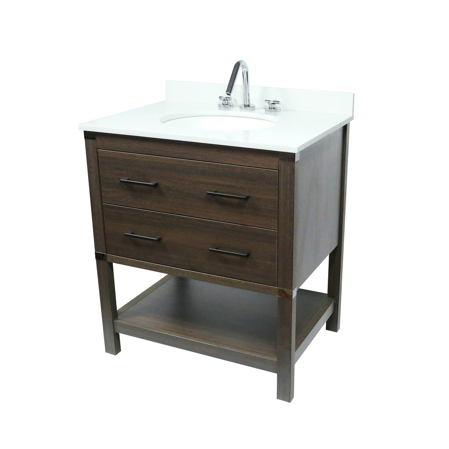 31" Single Gray Wood Vanity with White Quartz And Oval Sink