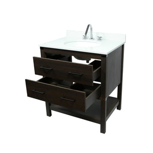 31" Single Gray Wood Vanity with White Quartz And Oval Sink, open