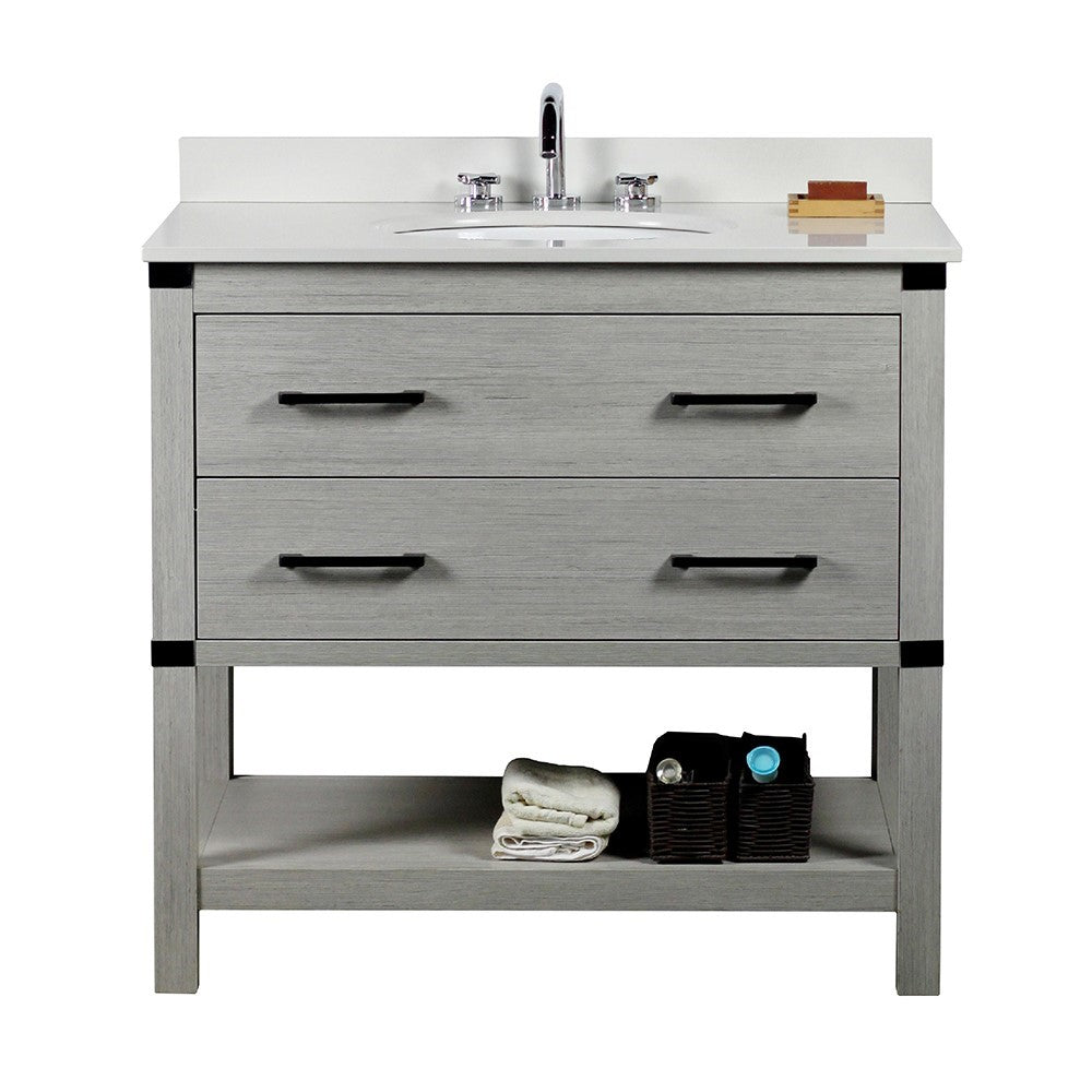 Bellaterra 37" Single Wood Gray Pine Vanity,  White Quartz Top, Sink  808175-36-GP-WEO 