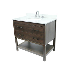 37" Single Gray Wood Vanity with White Quartz And Oval Sink