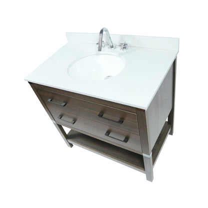 37" Single Gray Wood Vanity with White Quartz And Oval Sink