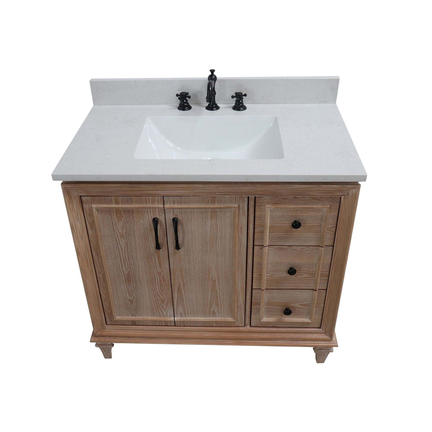 37 in. Single Sink Vanity in Weathered Neutral with Engineered Quartz Top, Matte Black Hardware