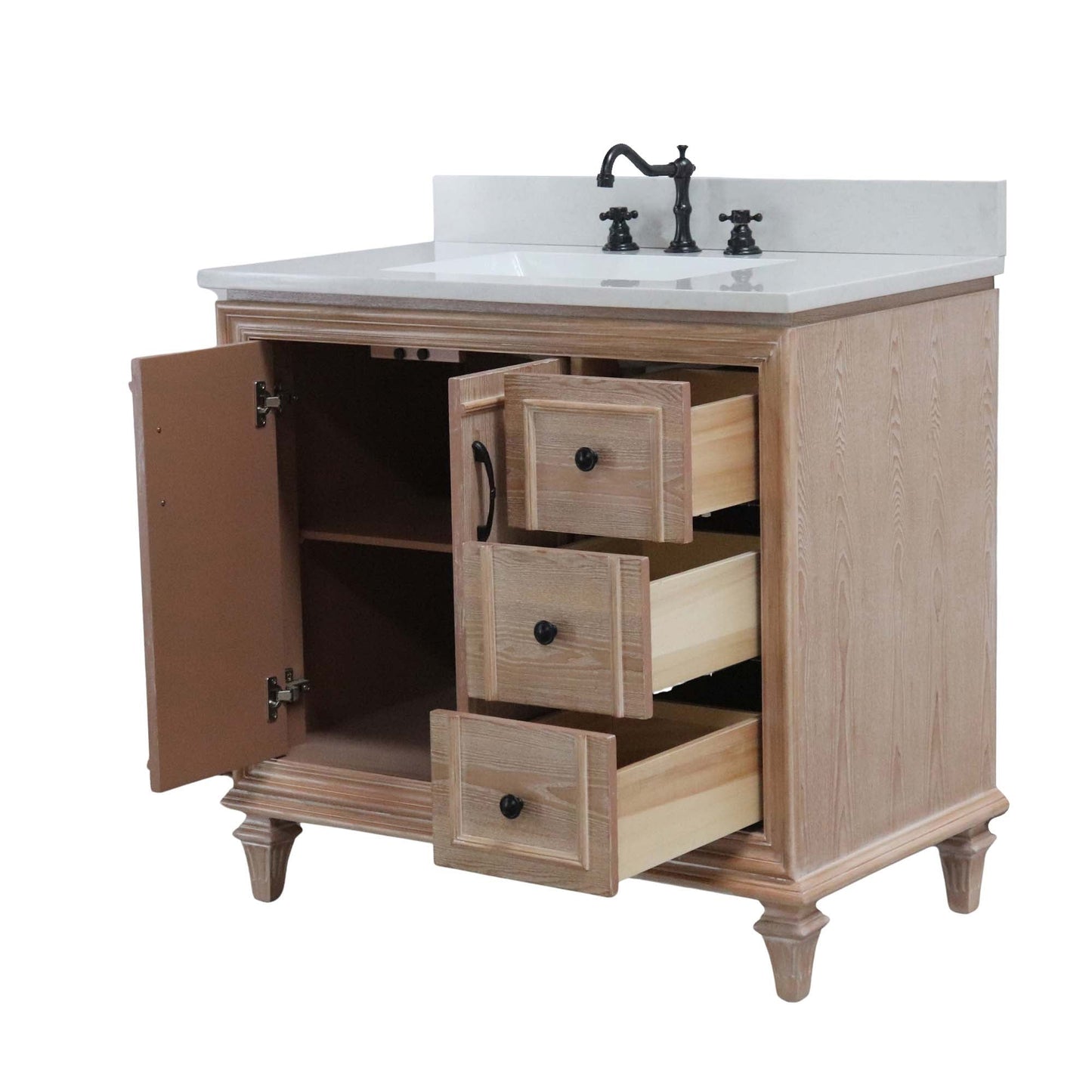 37 in. Single Sink Vanity in Weathered Neutral with Engineered Quartz Top, Matte Black Hardware, open