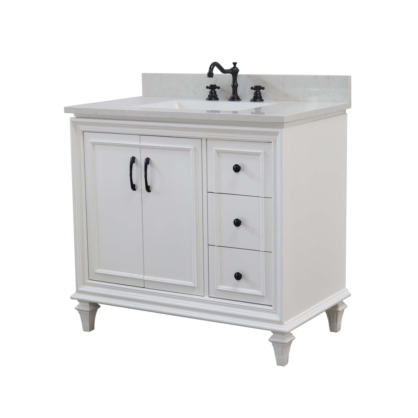 37 in. Single Sink Vanity in White with Engineered Quartz Top, Matte Black Hardware