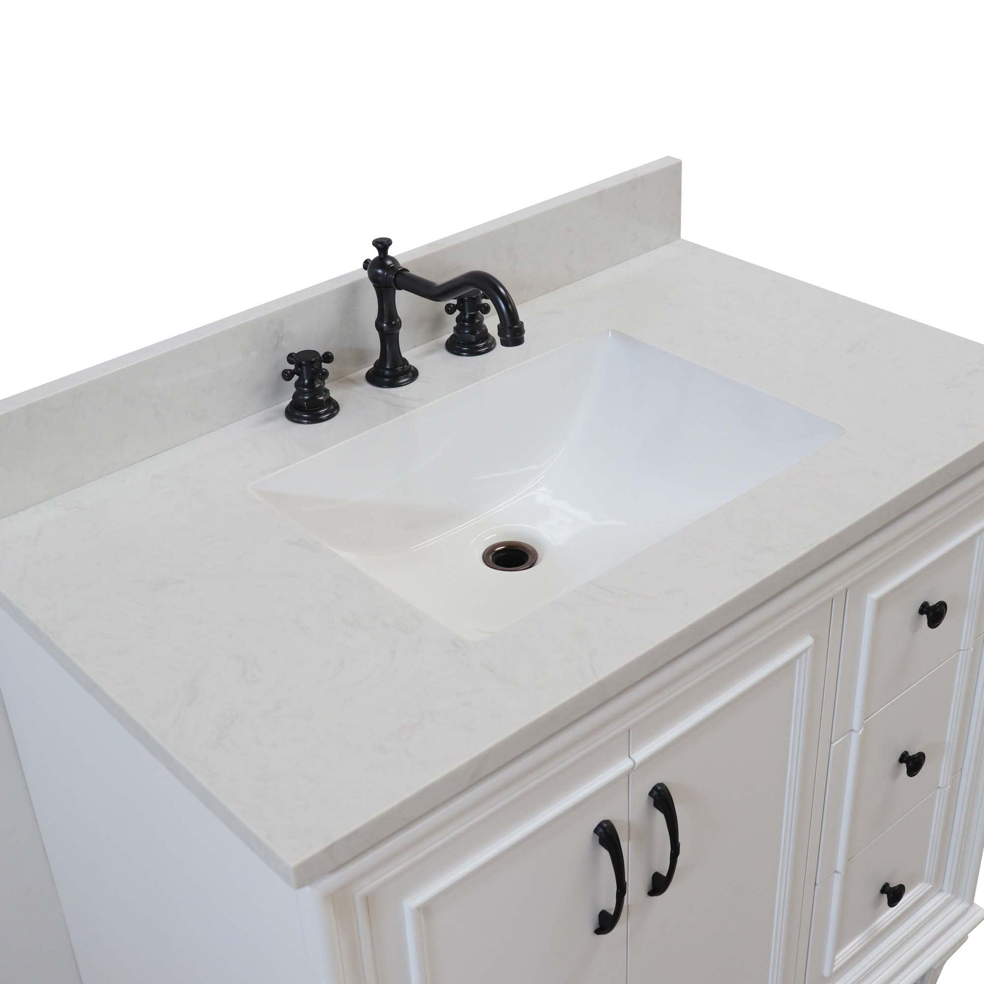 37 in. Single Sink Vanity in White with Engineered Quartz Top, Matte Black Hardware