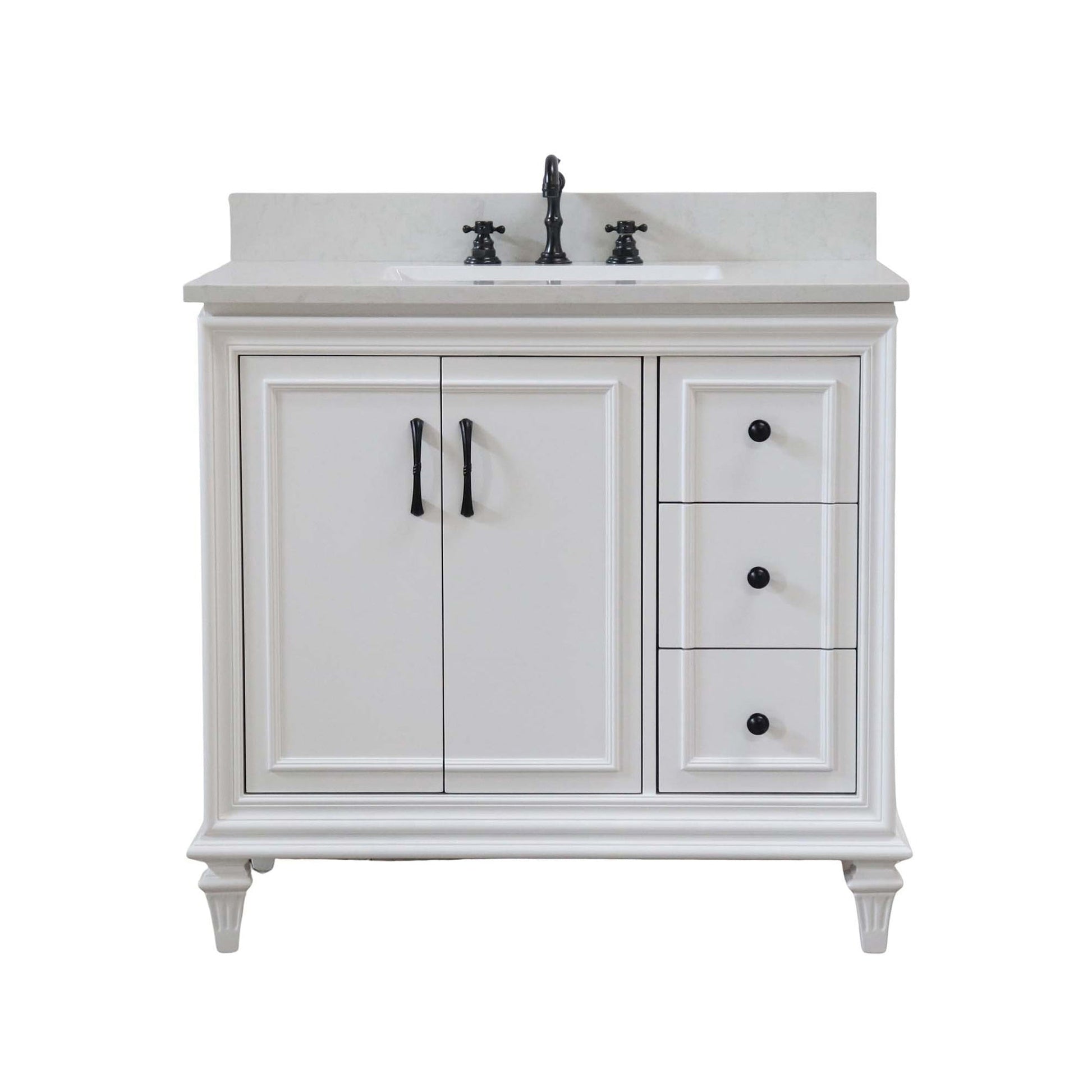 37 in. Single Sink Vanity in White with Engineered Quartz Top, Matte Black Hardware