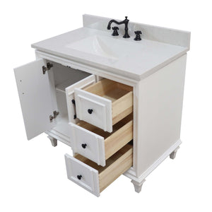 37 in. Single Sink Vanity in White with Engineered Quartz Top, Matte Black Hardware, open