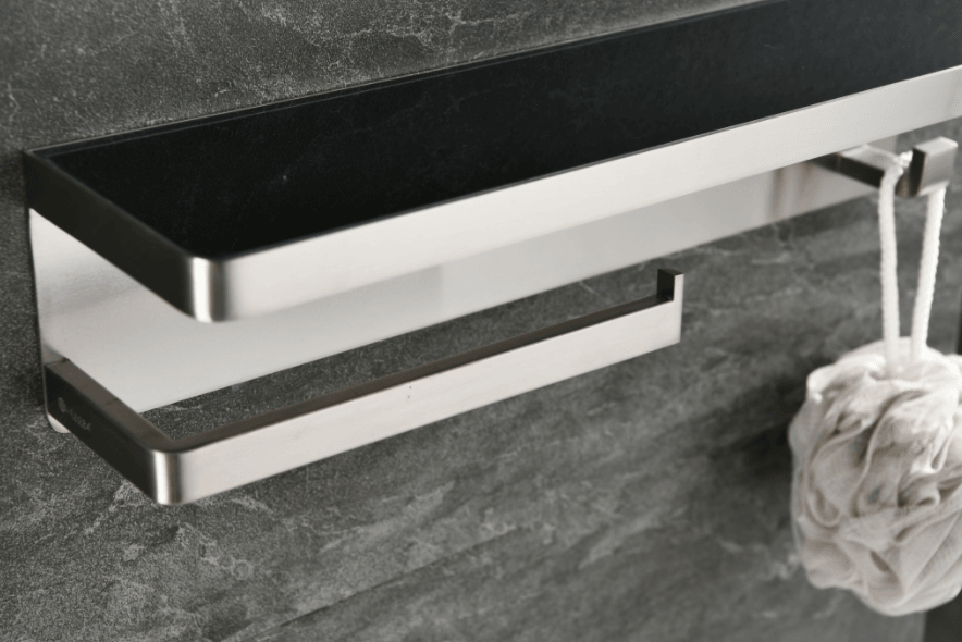 Lexora Bagno Bianca Glass Black / White Shelf w/ Towel Bar & Robe Hook