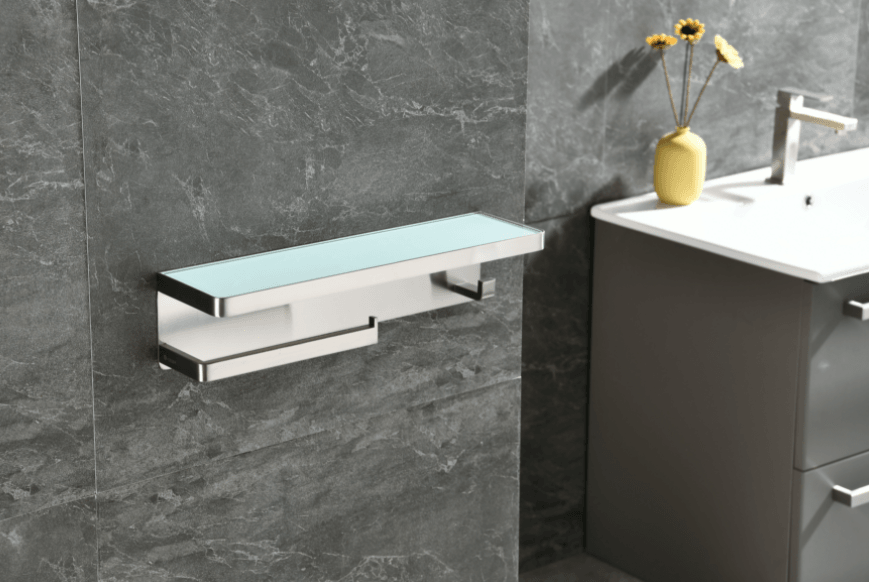 Lexora Bagno Bianca Glass Black / White Shelf w/ Towel Bar & Robe Hook