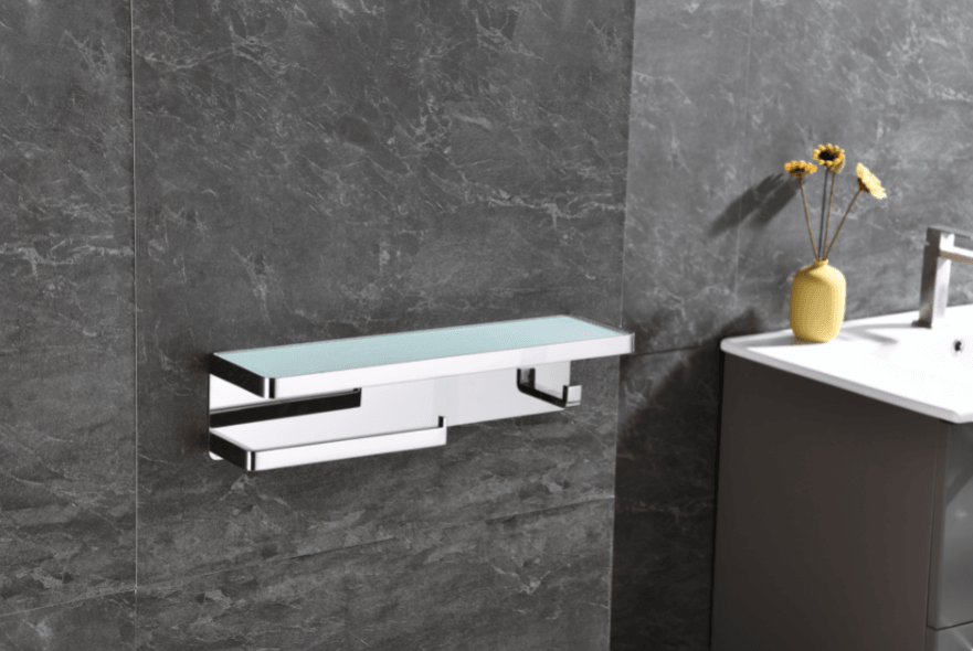 Lexora Bagno Bianca Glass Black / White Shelf w/ Towel Bar & Robe Hook