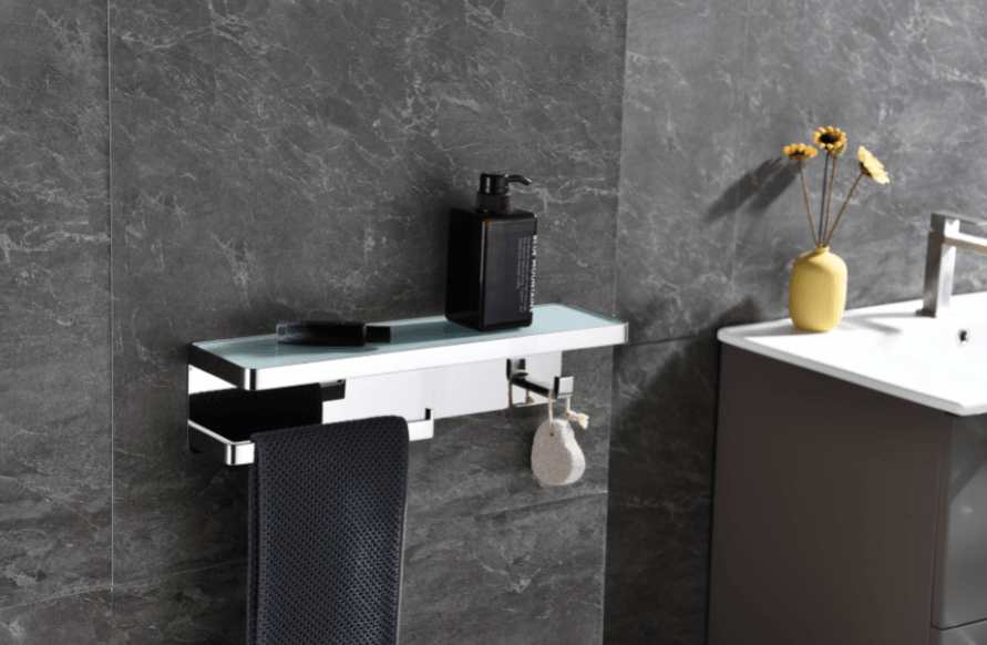 Lexora Bagno Bianca Glass Black / White Shelf w/ Towel Bar & Robe Hook