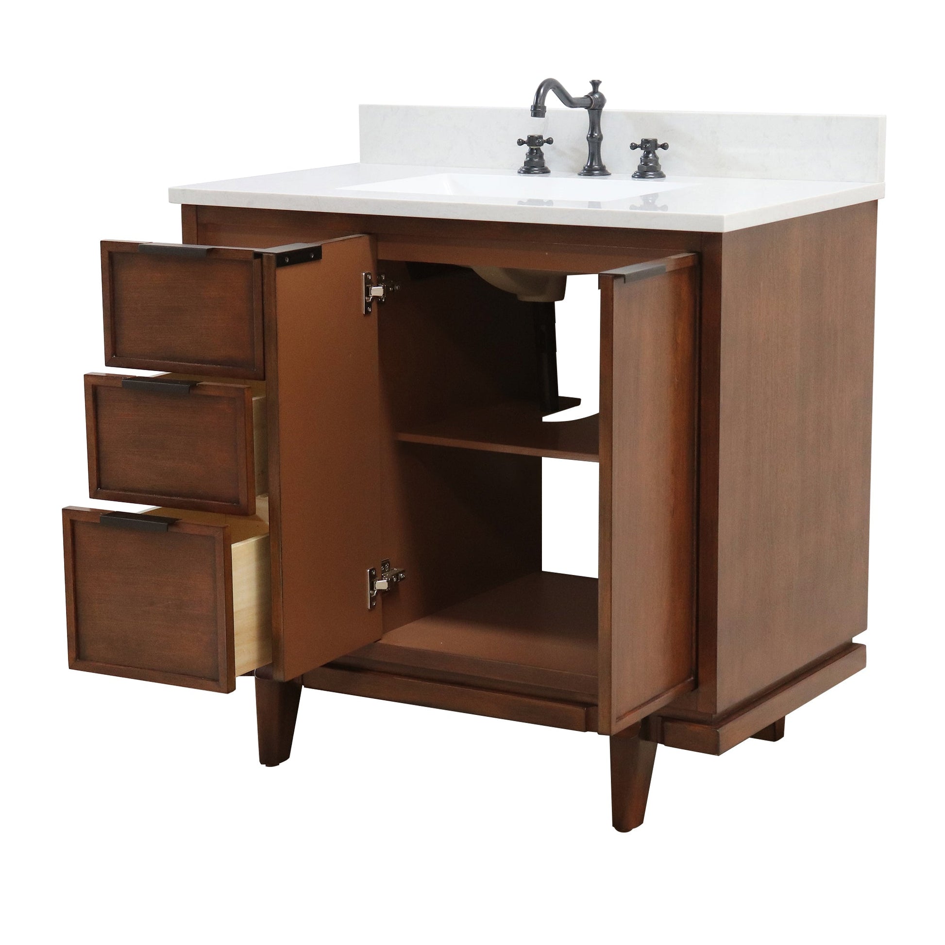 37 in. Single Sink Dark CherryVanity Engineered Quartz Top, Matte Black Hardware, open