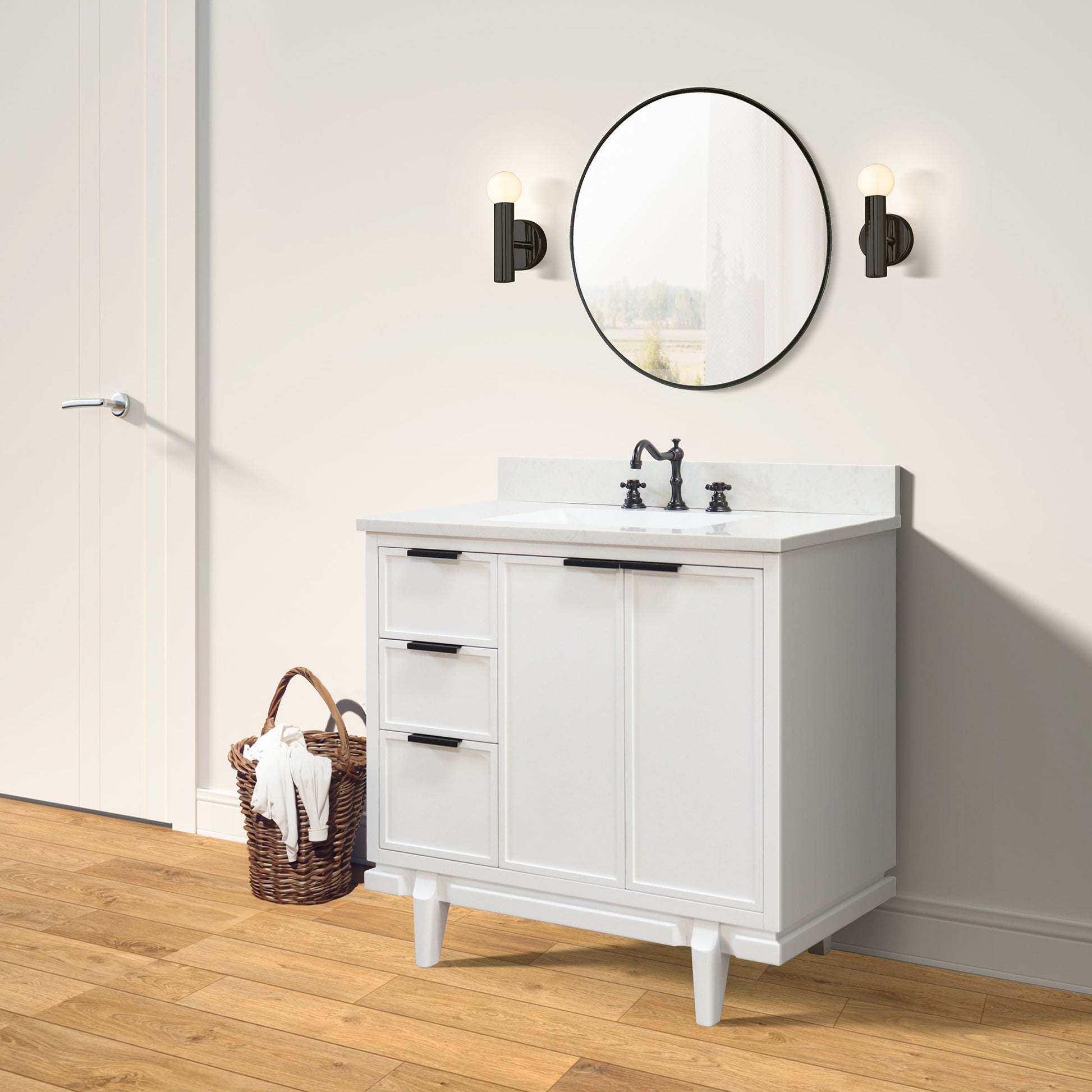 37 in. Single Sink White Vanity Engineered Quartz Top, Matte Black Hardware