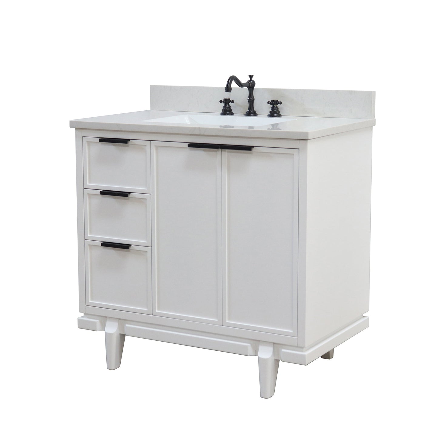 37 in. Single Sink White Vanity Engineered Quartz Top, Matte Black Hardware