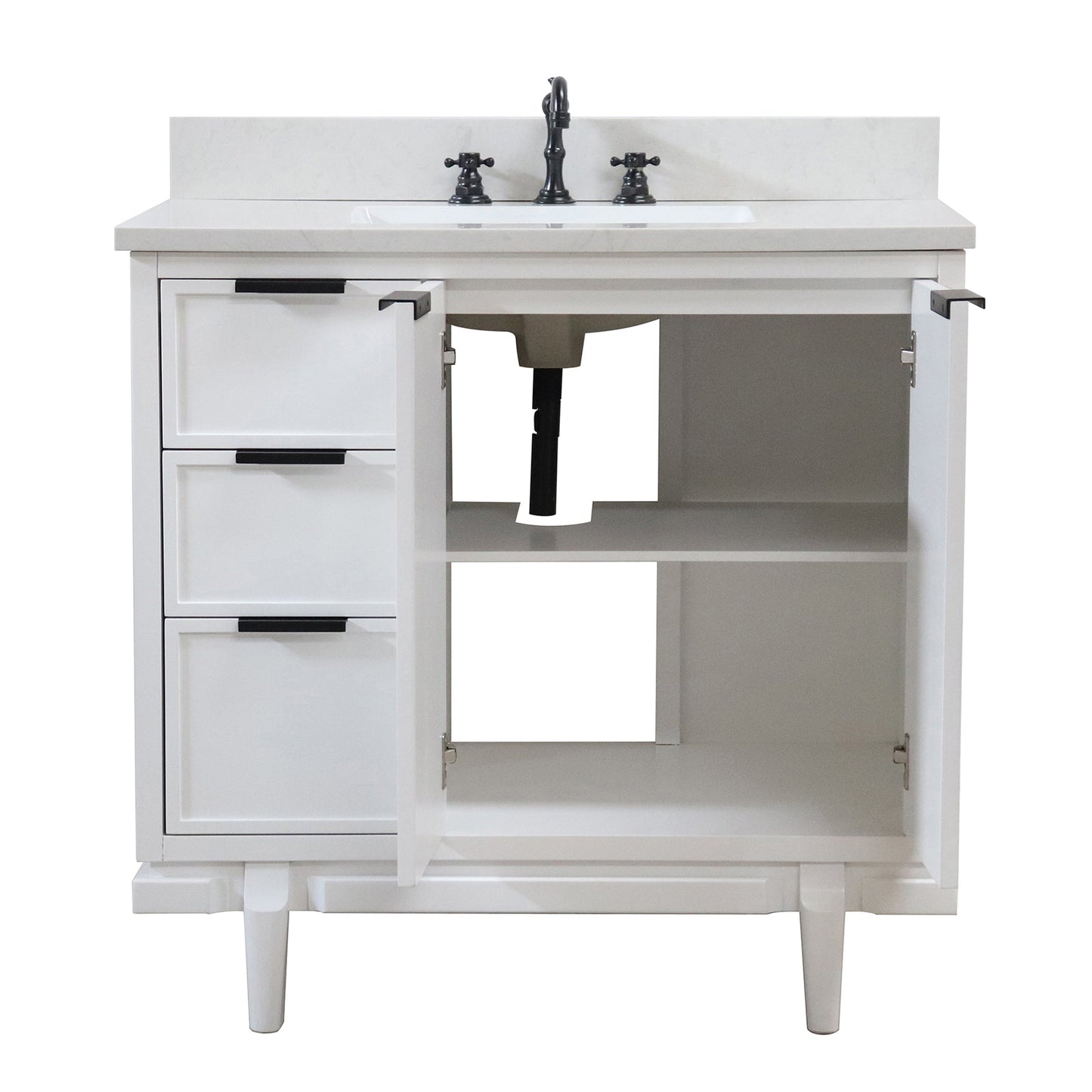 37 in. Single Sink White Vanity Engineered Quartz Top, Matte Black Hardware, open