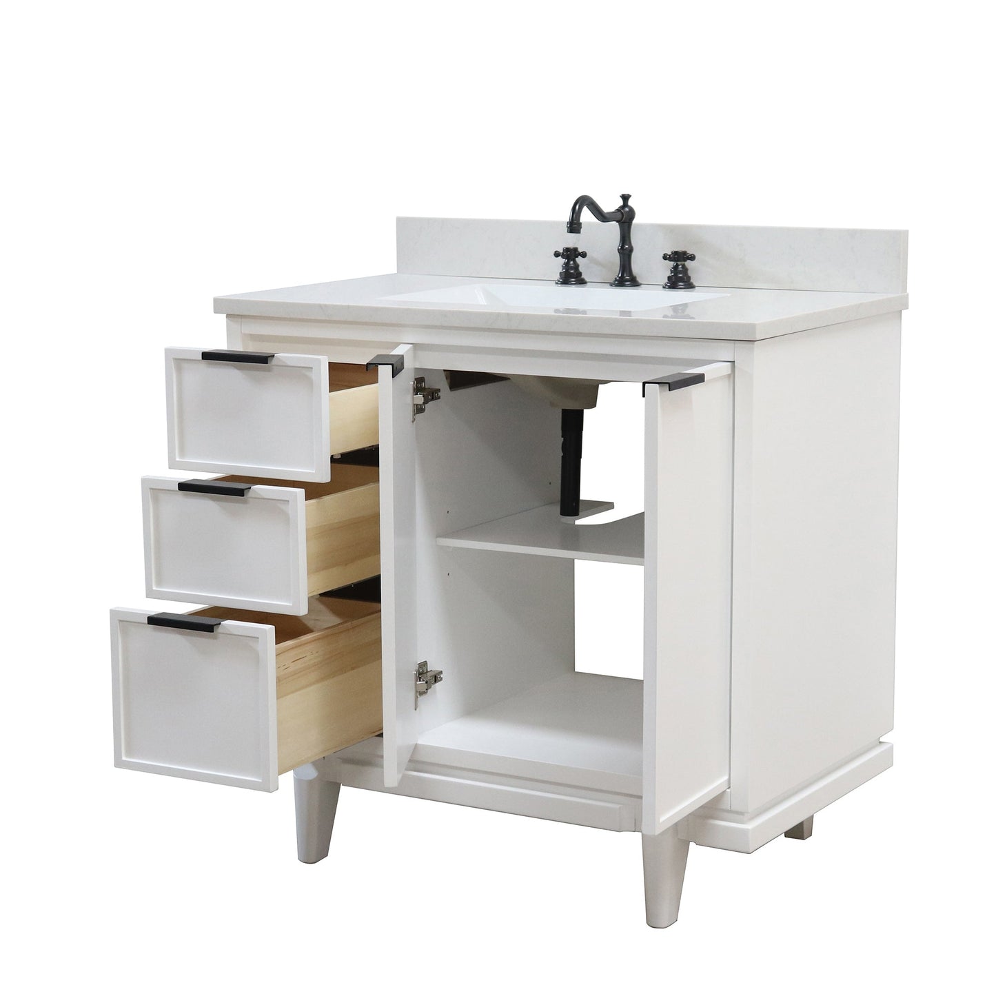 37 in. Single Sink White Vanity Engineered Quartz Top, Matte Black Hardware, open