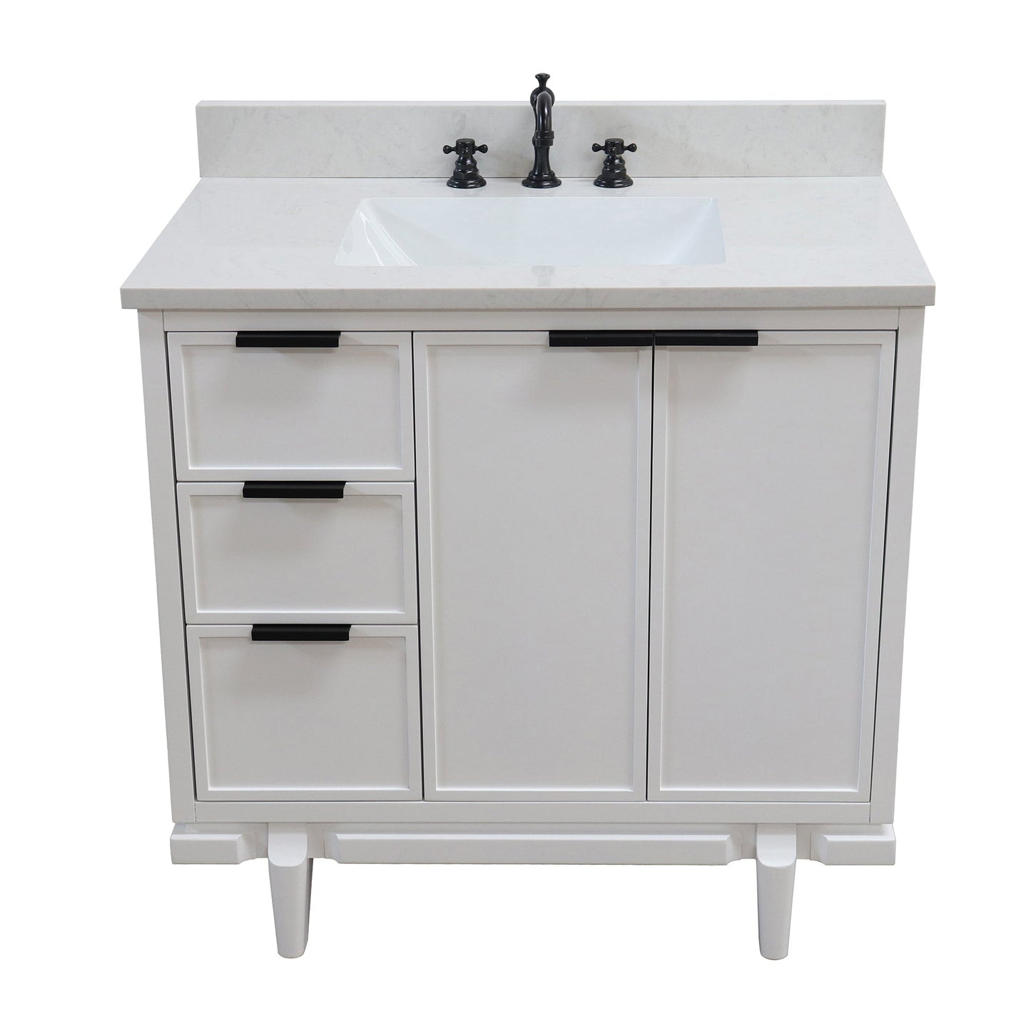 37 in. Single Sink White Vanity Engineered Quartz Top, Matte Black Hardware