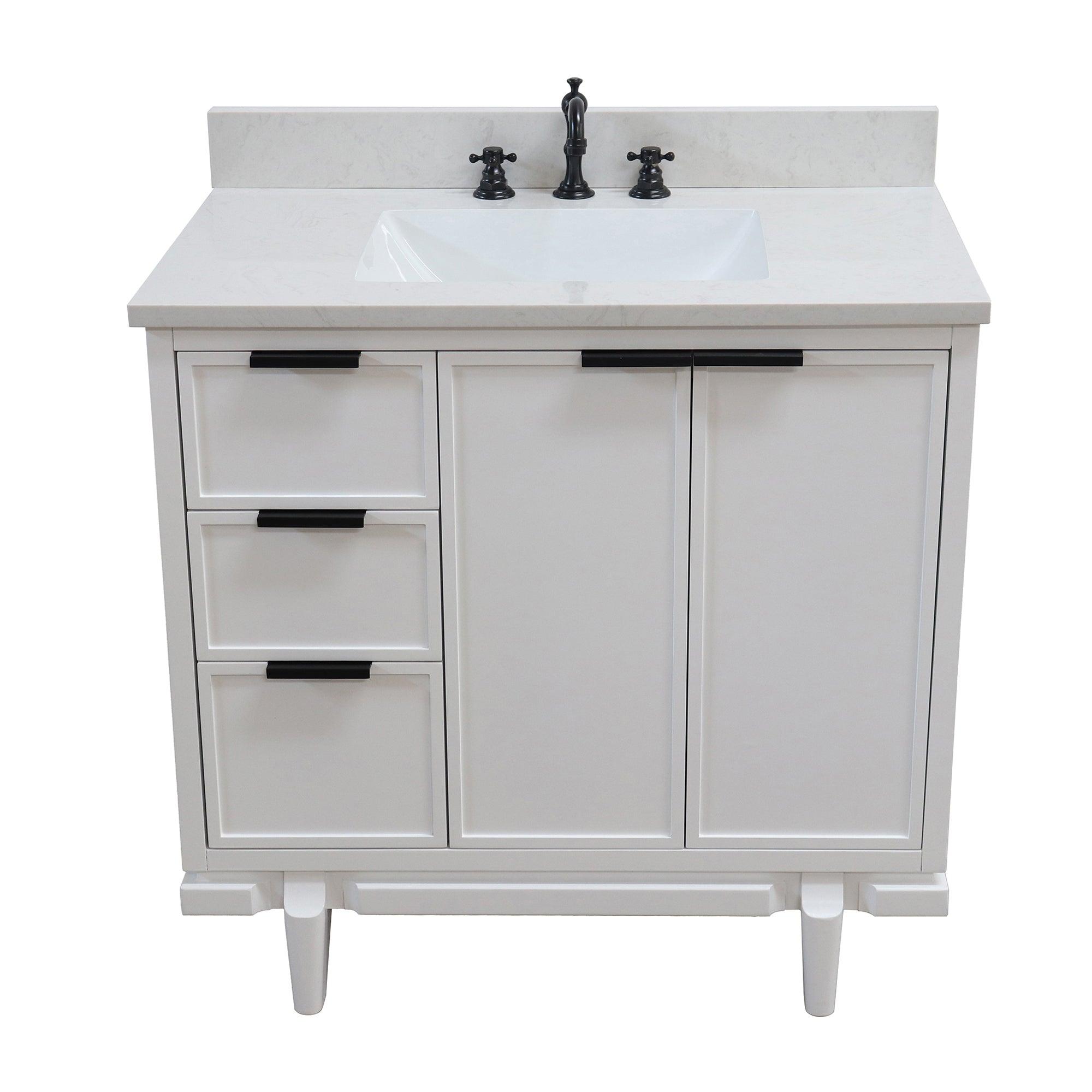 37 in. Single Sink White Vanity Engineered Quartz Top, Matte Black Hardware
