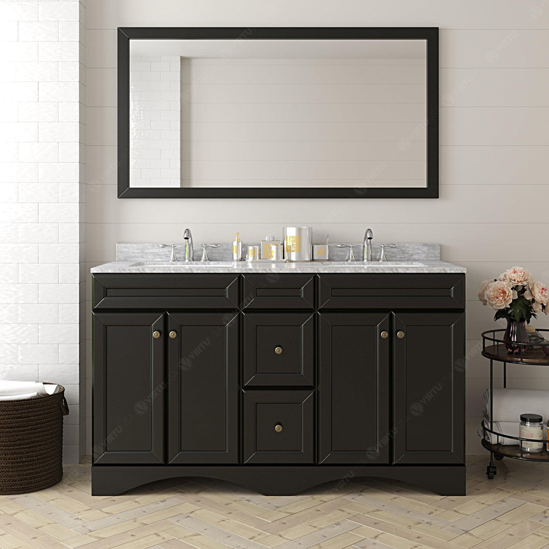 Virtu Talisa Espresso 60" Double Bath Vanity Set, Italian Carrara White Marble Top & Rectangular Double Centered Basin ED-25060-WMSQ style1