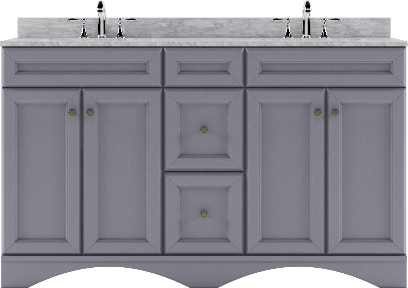 ED-25060-WMSQ-GR Gray Talisa 60" Double Bath Vanity Set with Italian Carrara White Marble Top & Rectangular Double Centered Basin