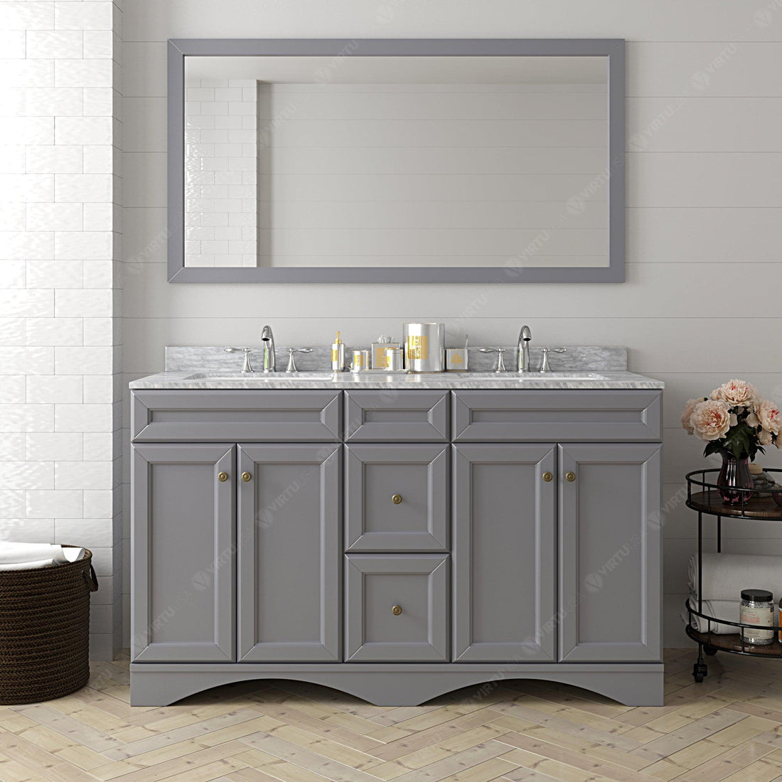 Virtu Talisa Espresso 60" Double Bath Vanity Set, Italian Carrara White Marble Top & Rectangular Double Centered Basin ED-25060-WMSQ style1