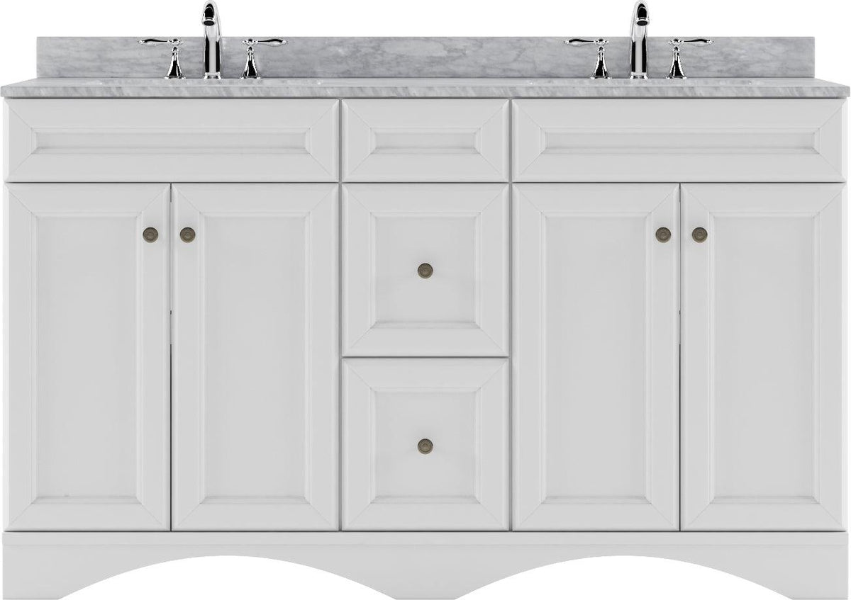 ED-25060-WMSQ-WH White Talisa 60" Double Bath Vanity Set with Italian Carrara White Marble Top & Rectangular Double Centered Basin