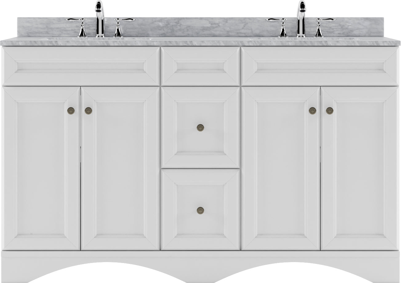 ED-25060-WMSQ-WH White Talisa 60" Double Bath Vanity Set with Italian Carrara White Marble Top & Rectangular Double Centered Basin