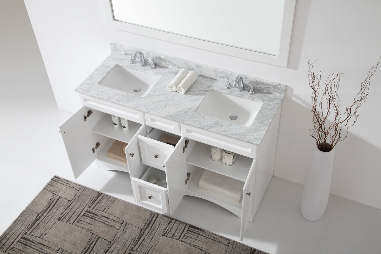 Virtu Talisa White 60" Double Bath Vanity Set, Italian Carrara White Marble Top & Rectangular Double Centered Basin ED-25060-WMSQ up view open